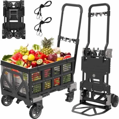 2 in 1 Hand Truck Portable Cart With Basket, Foldable Trolley